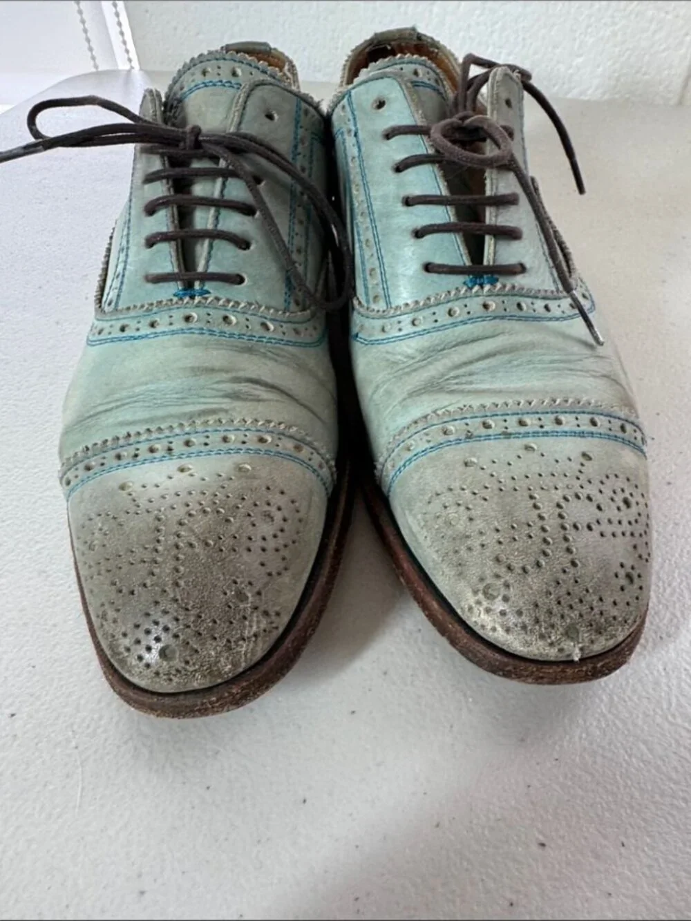 John Fluevog Gateway Oxfords Mint Blue Leather Brogue Shoes Sz M 4.5 Art Chic